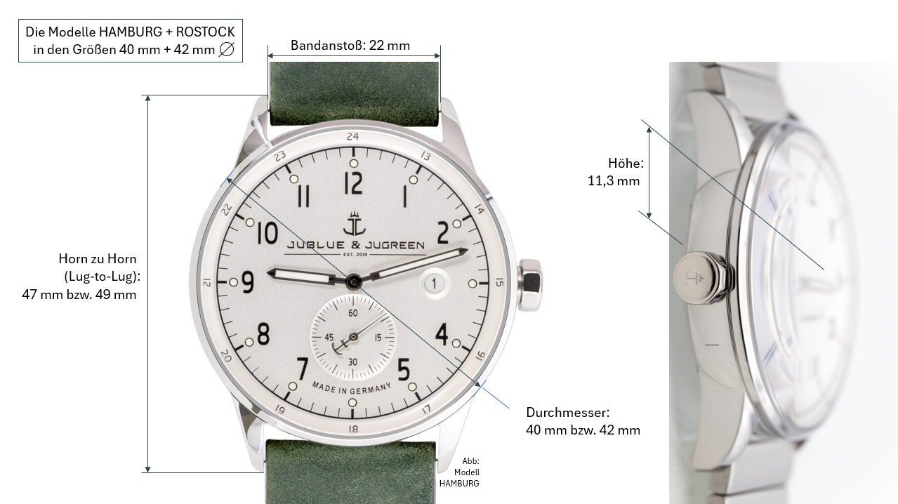 Die Abmessungen einer JUBLUE & JUGREEN - Armbanduhr Die Abmessungen einer JUBLUE & JUGREEN - Armbanduhr